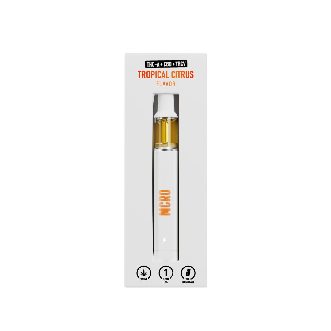 Tropical Citrus Sativa Disposable - 1 Gram Vape - Uplifting and Social Boost - Product Packaging - MCRO Edibles in the U.S.