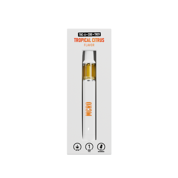 Tropical Citrus Sativa Disposable - 1 Gram Vape - Uplifting and Social Boost - Product Packaging - MCRO Edibles in the U.S.
