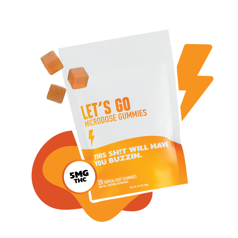 Let's Go THC Gummies -Microdose for Focus and Productivity - Functional Mushrooms - Product Render with Floating Gummies and THC Quantity Badge - MCRO Edibles in the U.S
