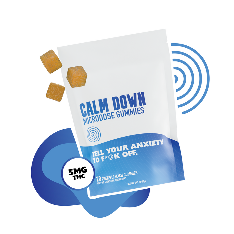 Calm Down THC Edibles - Microdose Gummies for Relaxation and Anxiety - Product Shot with Floating Gummies - MCRO Edibles in the U.S.