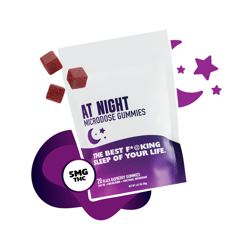 At Night Sleep Gummies - Restful Sleep - THCA and Reishi Mushroom - Product Render with Gummies - MCRO Edibles in the U.S.