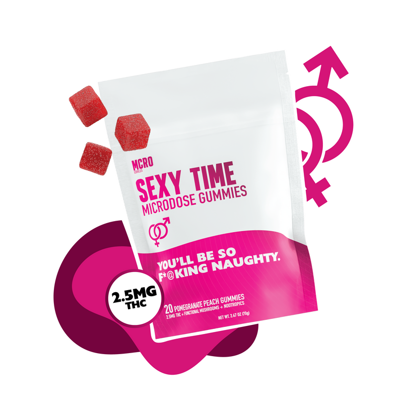 Sexy Time THC Gummies -Microdose for Libido and Mood Boost - Functional THC and Sexual Enhancement Nootropic Blend - Product Render front Shot with Floating Gummies - MCRO Edibles in the U.S