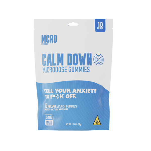Calm Down THC Gummies -Microdose for Relaxation - Reishi Functional Mushrooms - Front Shot of 10ct Product - MCRO Edibles in the U.S