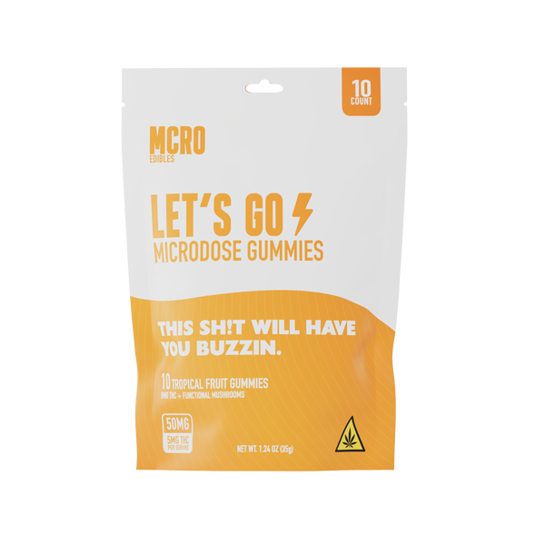 Let's Go THC Gummies -Microdose for Focus - Lion's Mane and THC - Front Shot of 10Ct Product - MCRO Edibles in the U.S