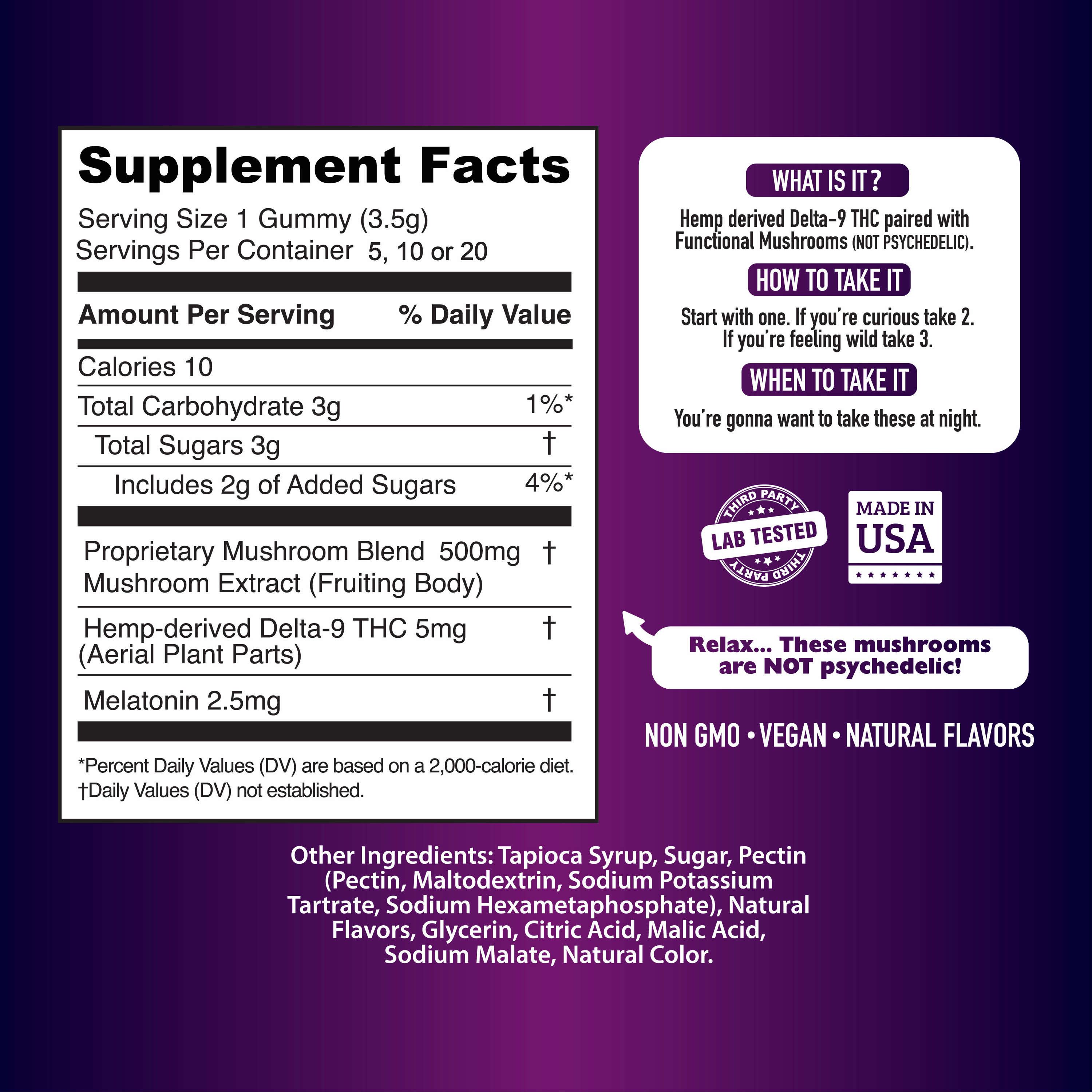 At Night THC Sleep Gummies - Reishi Mushroom and THC - Product Supplement Facts - MCRO Edibles in the U.S