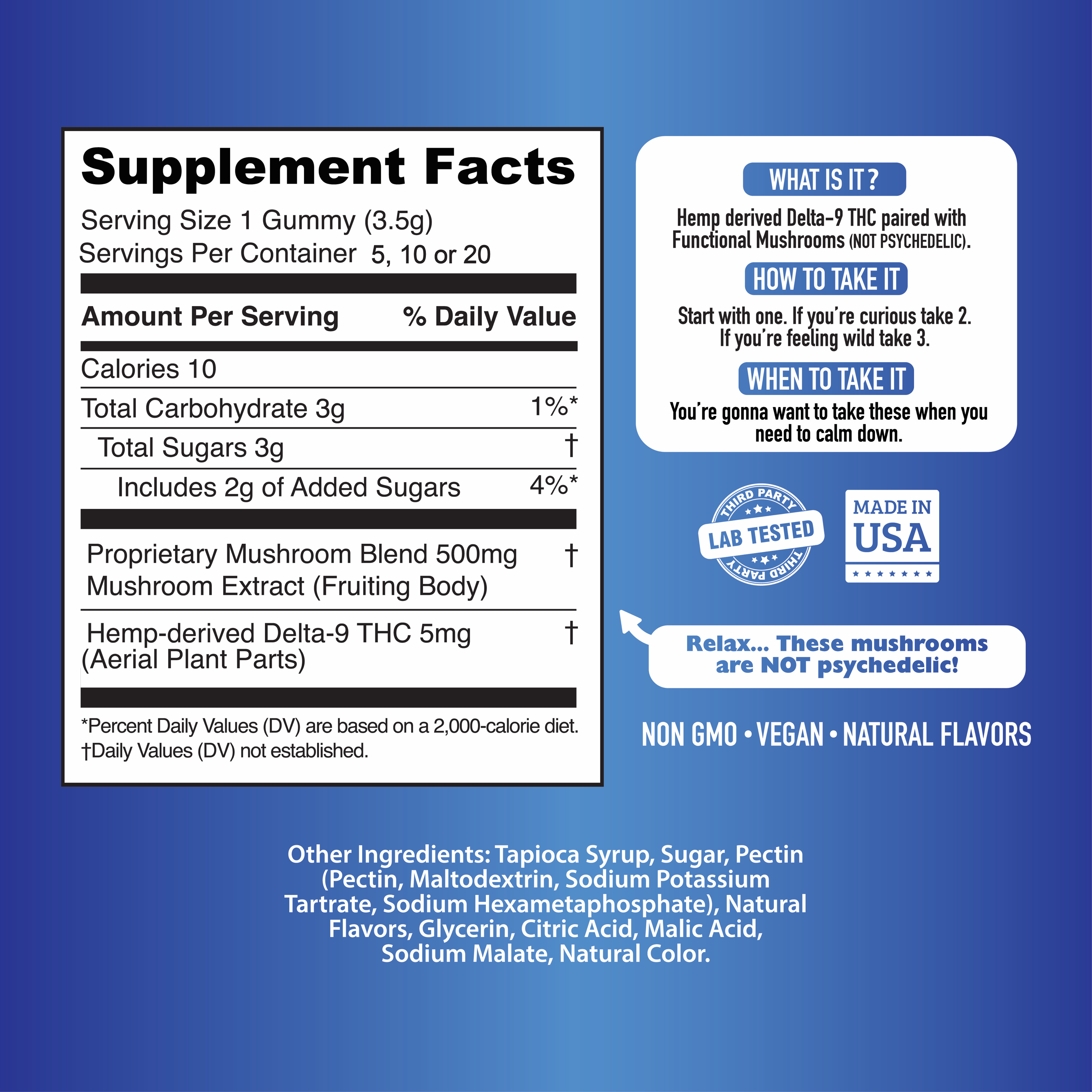 Calm Down THC Gummies -Microdose for Relaxation - Product Supplement Facts Panel - MCRO Edibles in the U.S