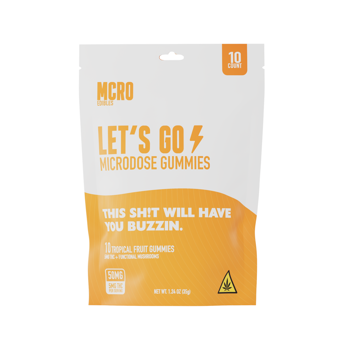 Let's Go THC Gummies -Microdose for Focus - Lion's Mane and THC - Front Shot of 10Ct Product - MCRO Edibles in the U.S
