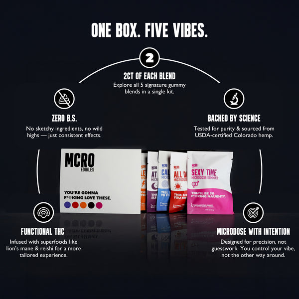 2ct - Try All - Sample Box - THC - Delta 9 - Edibles - MCRO - Calm Down - Sexy Time - All Day - At Night - Lets Go