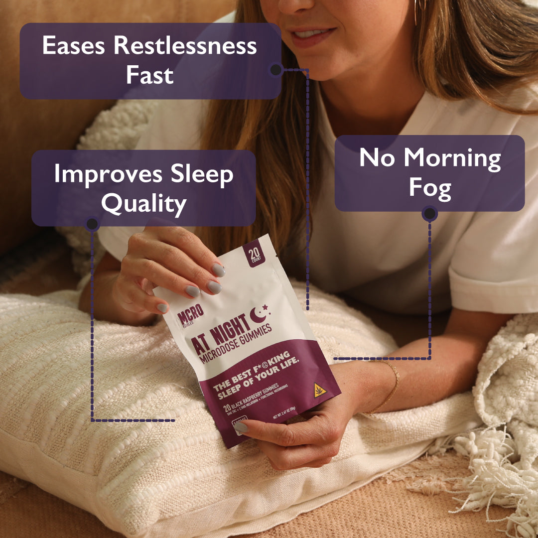Sleep-Boosting THC Edible - At Night Formula for Relaxation - Woman in Cozy Environment - MCRO Edibles in the U.S.
