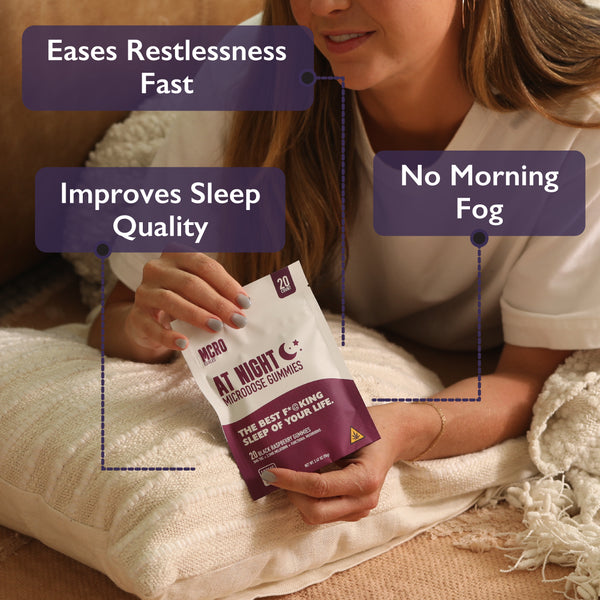 Sleep-Boosting THC Edible - At Night Formula for Relaxation - Woman in Cozy Environment - MCRO Edibles in the U.S.