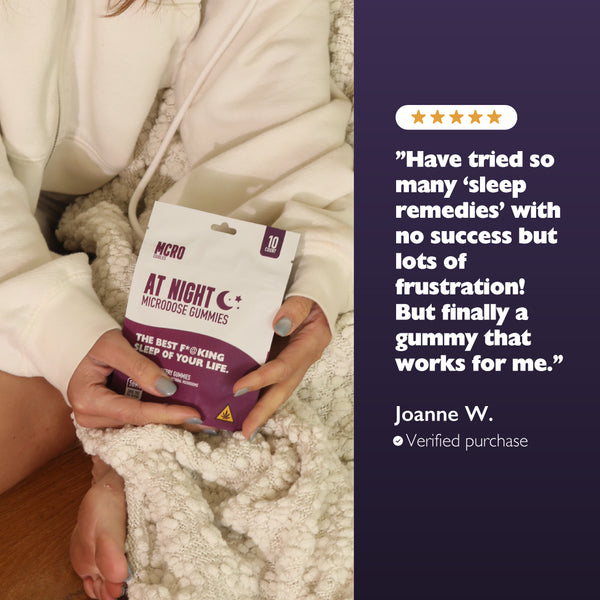 Bedtime Routine Gummy - At Night Blend for Restful Sleep - Edible Packaging in Hand with Blanket - Product Review - MCRO Edibles in the U.S.