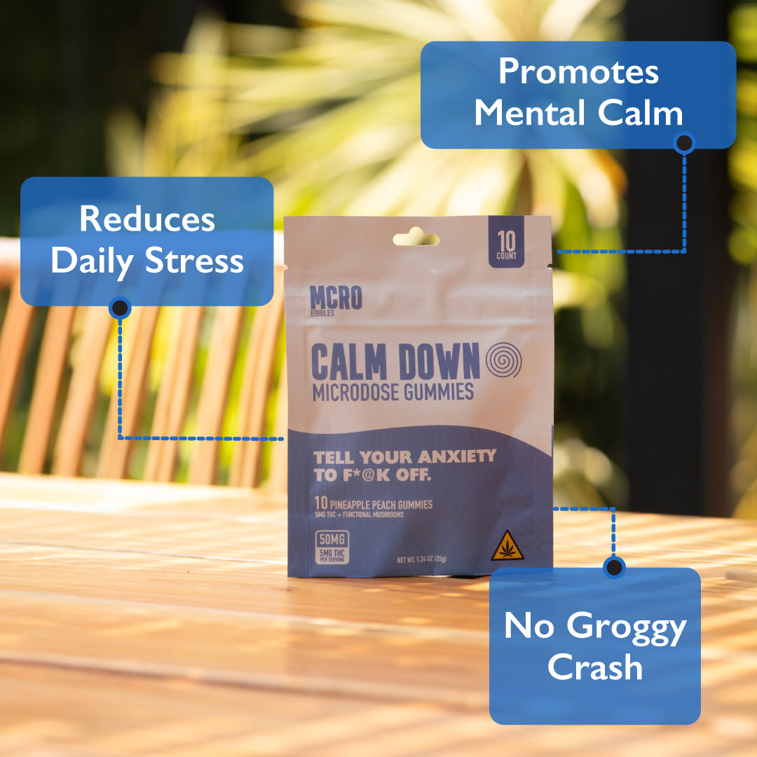 Calm Down - Stress Relief Microdose - THC and Reishi - Product on Table Outdoors - MCRO Edibles in the U.S.