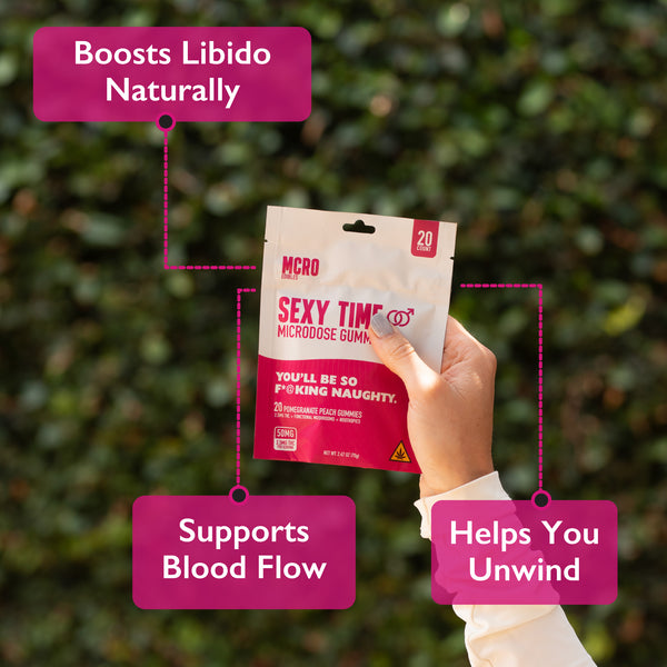 Sexy Time Edibles - Intimacy Boost - THC and Cordyceps Mushroom - Woman Holding Packaging Outside - MCRO Edibles in the U.S.