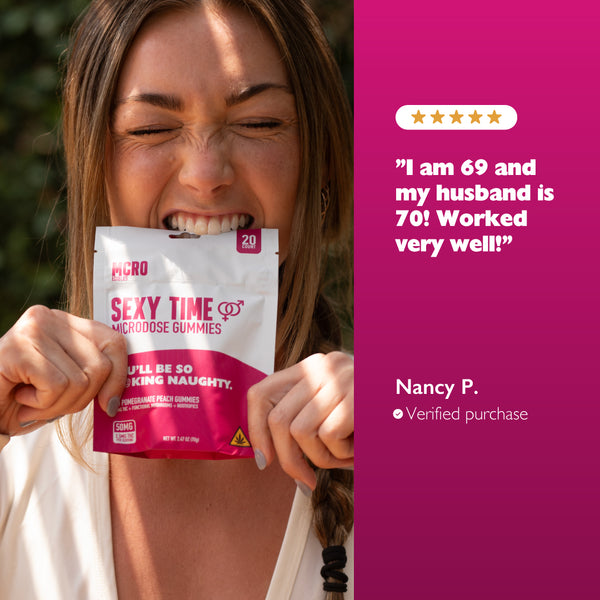 Sexy Time Gummies - Intimacy and Libido Boosting Effects - THC Functional Mushrooms and Nootropic Blend - Woman Biting Sexy Time Packaging - Five Star Product Review - MCRO Edibles in the U.S.