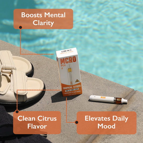 Tropical Citrus Sativa Vape - Sativa Inspired - THCA and THCV - Poolside Product Shot - Top Benefits - MCRO Edibles in the U.S.